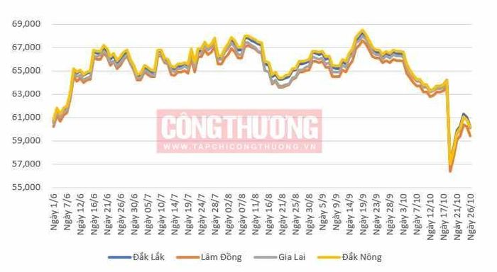 Xu hướng giá cà phê tại một số địa phương trong nước từ tháng 6/2023 đến nay (đơn vị tính: đồng/kg)