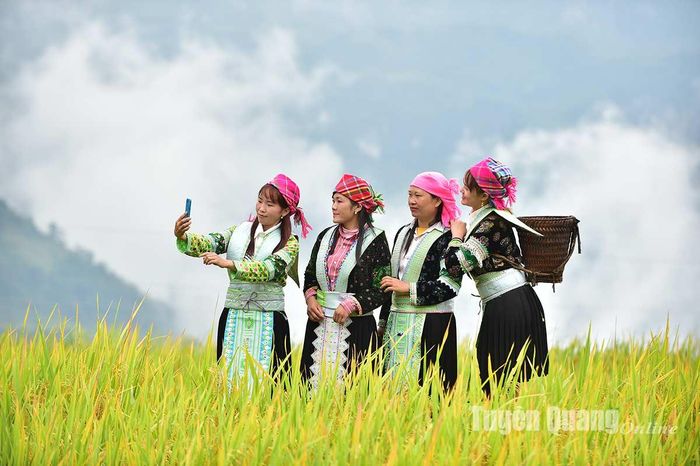 Những cô gái dân tộc Mông bản địa tạo dáng bên thửa ruộng bậc thang.