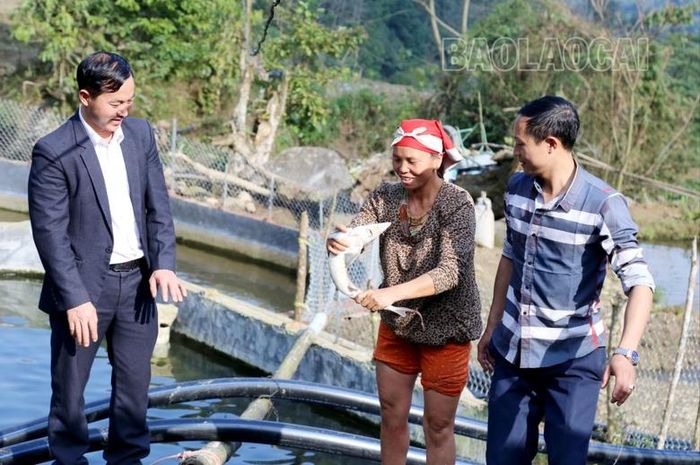 Phụ nữ đồng bào Dao thôn vùng cao Soi Chát, thị trấn Tằng Loỏng phát triển kinh tế từ nuôi cá nước lạnh.