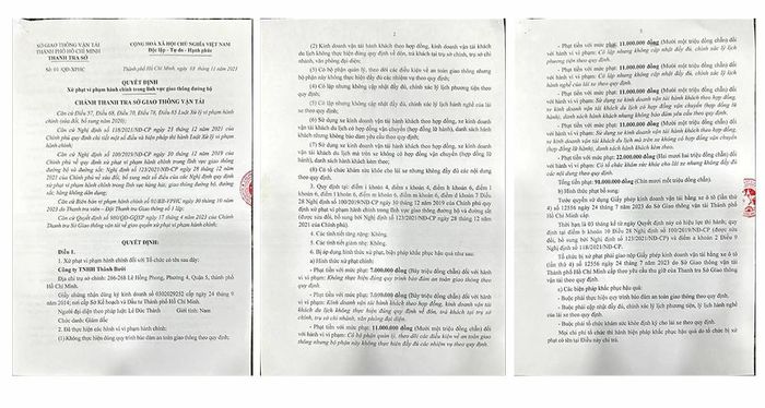 Quyết định xử phạt vi phạm hành chính trong lĩnh vực giao thông đường bộ đối với nhà xe Thành Bưởi.