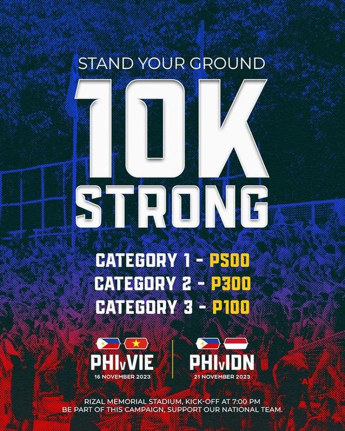 PFF thực hiện chiến dịch "10K Strong" để kêu gọi CĐV tới sân cổ vũ cho ĐT Philippines ở trận gặp ĐT Việt Nam và ĐT Indonesia (Ảnh: PFF)