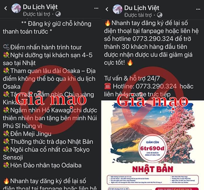 Fanpage lấy tên thương hiệu của Công ty để chào bán tour chương trình du lịch đi Nhật Bản với mức giá ảo.