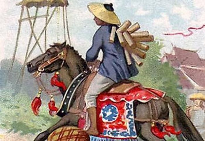 Hình ảnh binh lính dùng ngựa vận chuyển sớ, tấu, công văn thời xưa.