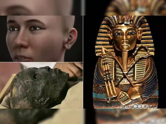 Hình ảnh xác ướp, mặt nạ vàng và gương mặt của Tutankhamun được phục dựng