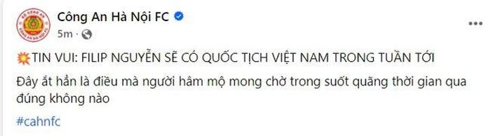 CLB CAHN thông báo tin vui cho Filip Nguyễn