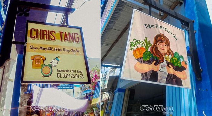 Những bảng hiệu, mô hình vẽ tay mang phong cách riêng của mỗi cửa tiệm. (Ảnh chụp tại Phường 9, TP Cà Mau)