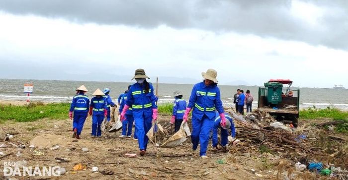 Công nhân Xí nghiệp Môi trường Sông Biển đưa rác từ bãi biển lên bờ để chở đi bãi rác Khánh Sơn.