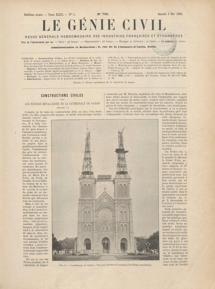 Tạp chí “Le Génie civil” (chuyên về xây dựng) năm 1896 đưa tin việc xây tháp chuông cho Nhà thờ Sài Gòn