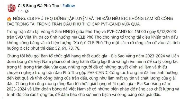 Bài viết trên trang fanpage CLB Phú Thọ