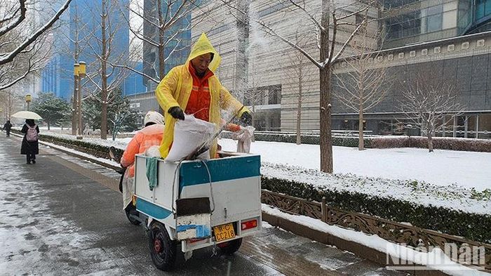Công nhân rải muốn để tuyết tan giúp người dân đi lại an toàn hơn.