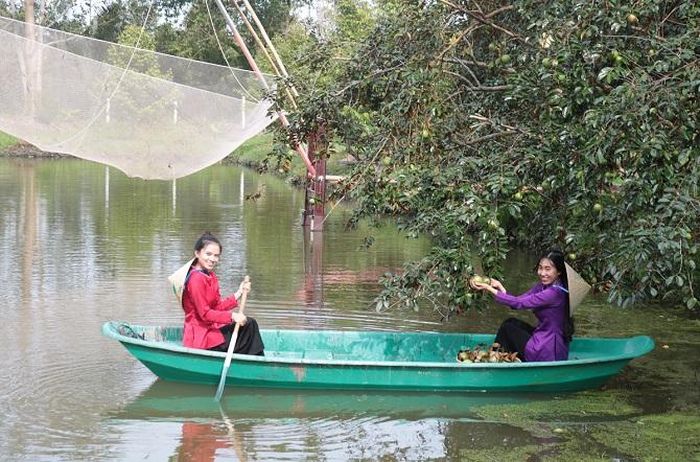 Tạo dáng chèo thuyền dưới ao để chụp hình.