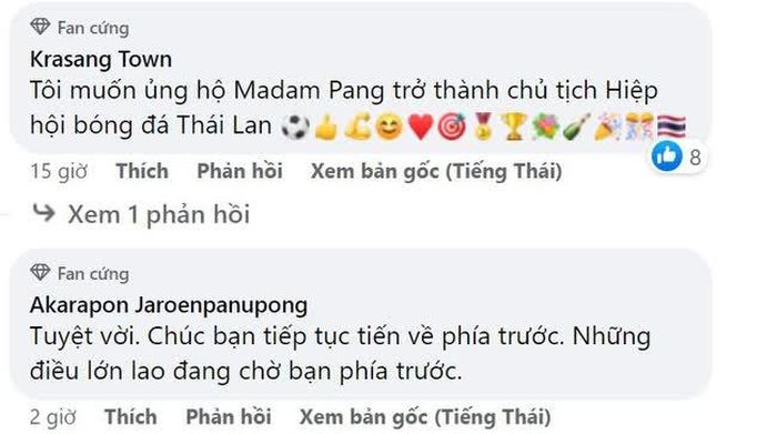 CĐV Thái Lan gửi lời cám ơn Madam Pang và hy vọng bà trở thành Chủ tịch LĐBĐ Thái Lan