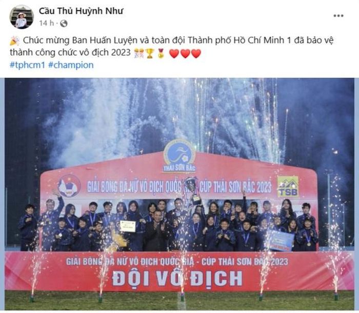 Huỳnh Như chúc mừng chức vô địch của đội bóng cũ (Ảnh chụp màn hình)