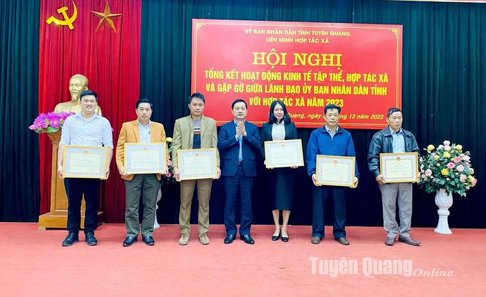 Đồng chí Nguyễn Thế Giang, Ủy viên BCH Đảng bộ tỉnh, Phó chủ tịch UBND tỉnh trao Bằng khen của Chủ tịch UBND tỉnh cho các HTX có thành tích trong hoạt động sản xuất kinh doanh năm 2023.