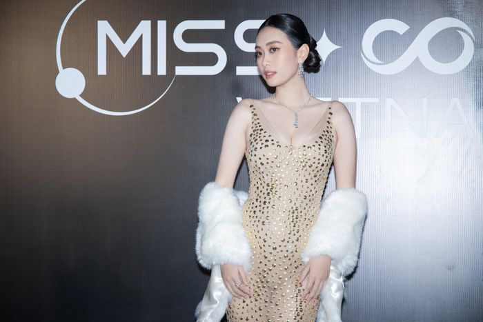  Hoa hậu Ban Mai diện thiết kế xẻ ngực, đính đá lấp lánh. Cô khoác áo choàng lông tạo cảm giác sang trọng. Sau Miss Peace Vietnam 2022, Ban Mai thay đổi phong cách theo hướng gợi cảm. Người đẹp cao 1,73 m, vóc dáng mảnh khảnh. 
