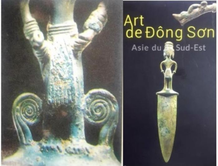 Đặc tả phần tay, hông và kiểu chắn tay đặc trưng Đông Sơn Làng Vạc của dao găm LHPham Collection (ảnh trái). Dao găm cán tượng dao găm kiểu Quả Cảm được dùng làm ảnh bìa cuốn sách mới nhất về Nghệ thuật Đông Sơn do Bảo tàng Barbier-Mueller (Geneva, Thụy Sĩ) xuất bản 2022 với sự tham gia của tác giả bài báo này