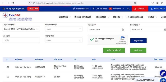 Lịch cắt điện Đà Nẵng ngày 5/1 cập nhật tại website của EVNCPC. Ảnh: BNEWS/TTXVN