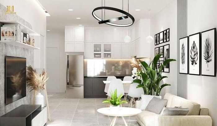 Đây là mẫu thiết kế chung cư 2 phòng ngủ được ưa chuộng nhất khi tìm kiếm mẫu tham khảo. Cách sắp xếp nội thất tài tình đã giúp căn hộ có đầy đủ các đồ nội thất tiện nghi mà và vẫn tôn lên được nét đẹp sang trọng, quý phái.