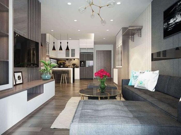 Mẫu thiết kế nội thất chung cư 2 phòng ngủ này tương đối đơn giản, thích hợp cho các căn chung cư có diện tích hạn chế. Với những gam màu nhẹ nhàng kết hợp với sàn gỗ mang đến cảm giác ấm áp, dễ chịu.
