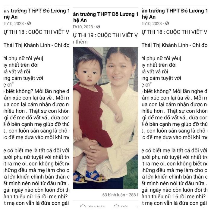  Những trang viết về mẹ của học sinh Trường THPT Đô Lương 1 được đăng lên fanpage Đoàn trường. Ảnh: MH 