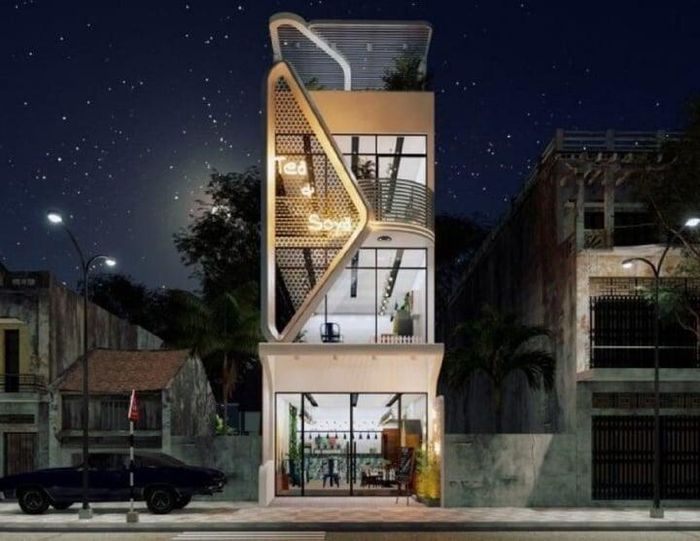 Nhà ống kết hợp kinh doanh ấn tượng với mặt tiền 5m kết hợp liên động giữa 3 tầng trên. Góc bên trái là hình tam giác được tạo hình theo chiều dọc ốp vào nhà. Ở giữa là tấm lưới sắt sơn tĩnh điện. (Ảnh: Thietkenhadephaiphong)