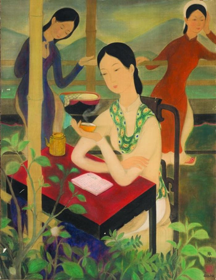 Tác phẩm “Thưởng trà” (lụa, 71x54,5cm) của Lê Phổ