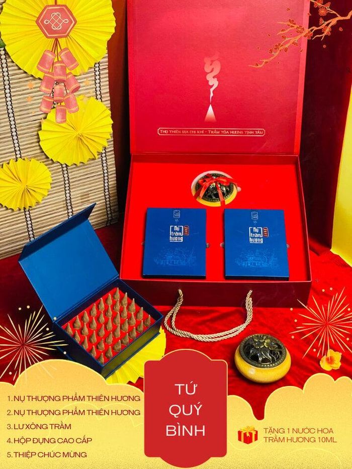 Tứ Quý Bình (2 hộp Nụ Thượng phẩm Thiên hương, 01 Lư xông Trầm) 