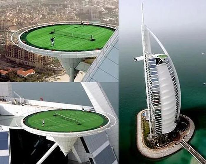 Cao hơn mặt đất hơn 300m, sân tennis trên tầng thượng tại khách sạn Burj al Arab ở Dubai mang đến sự sang trọng với tầm nhìn bao quát thành phố