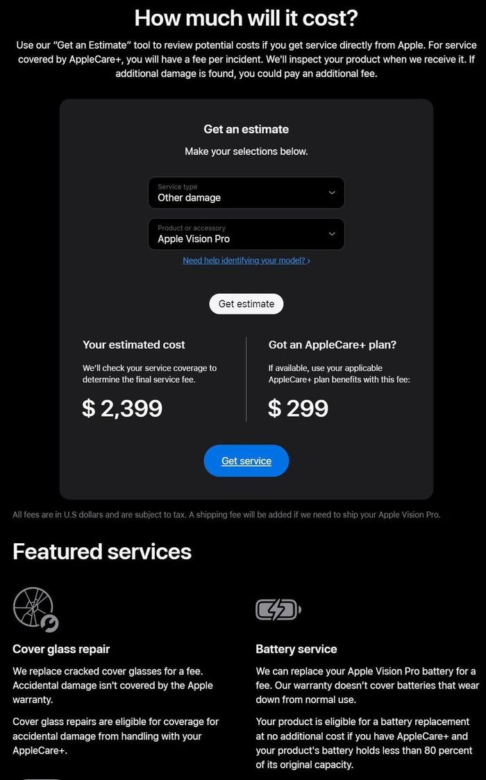 Giá niêm yết trên trang yêu cầu dịch vụ sửa chữa Vision Pro của Apple.