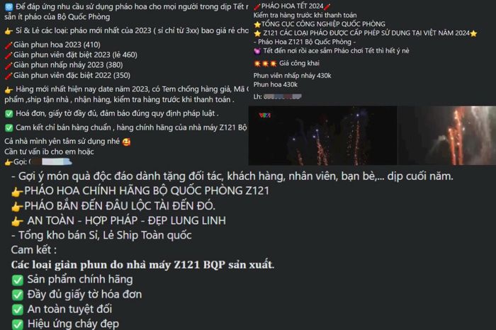 Các sản phẩm giàn phun hoa, giàn phun viên, giàn phun viên nhấp nháy,... được rao bán số lượng lớn tràn lan trên mạng xã hội. Ảnh: Đại Đoàn Kết