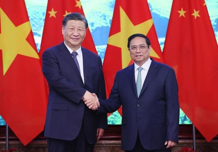 Thủ tướng Chính phủ Phạm Minh Chính hội kiến Tổng Bí thư Ban Chấp hành Trung ương Đảng Cộng sản Trung Quốc, Chủ tịch nước Cộng hòa Nhân dân Trung Hoa Tập Cận Bình thăm cấp Nhà nước tới Việt Nam sáng 13/12/2023. (Ảnh: Dương Giang/TTXVN)