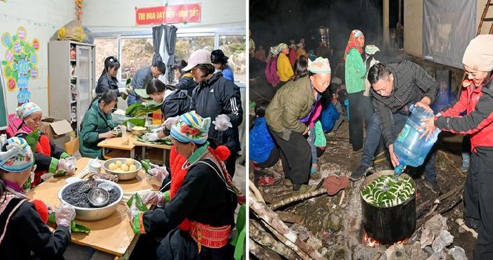 Mọi người cùng gói, nấu bánh chưng xuyên đêm trong không khí đầm ấm, rộn tiếng cười.