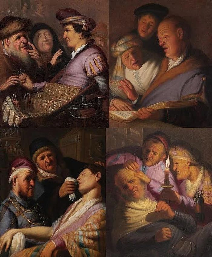 Sê-ri giác quan của Rembrandt (từ trái sang phải, trên xuống dưới) “The Spectacles Seller”, “Three Musicians” , “Unconscious Patient” và “Stone Operation”