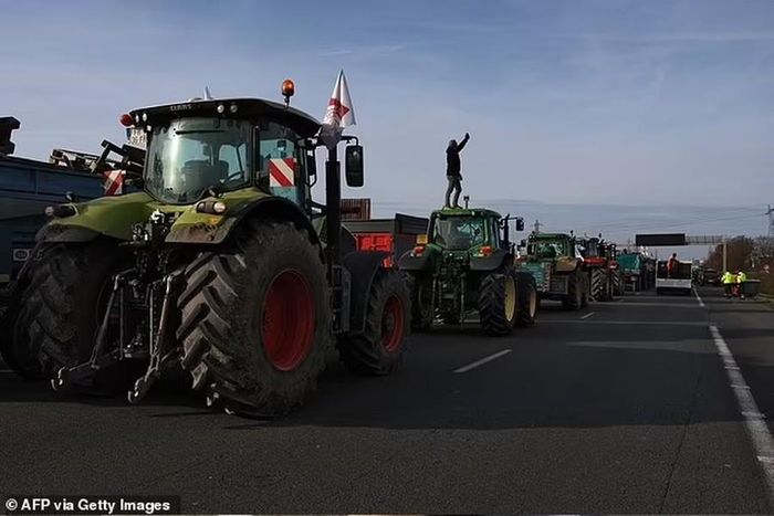 Một người nông dân đứng trên nóc máy kéo chụp ảnh khi đường bị tắc trên đường cao tốc A6 gần Villabe, phía nam Paris.