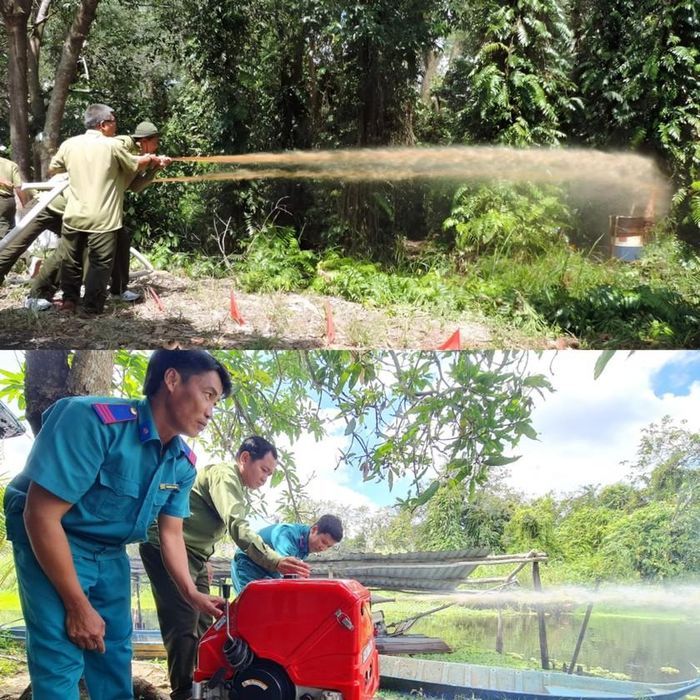 Lực lượng quản lý bảo vệ rừng Vườn Quốc gia U Minh Hạ diễn tập sẵn sàng cho công tác PCCCR. Đồng thời, thường xuyên kiểm tra, vận hành các máy móc, trang thiết bị chữa cháy, đảm bảo vận hành tốt khi có sự cố cháy xảy ra (Ảnh: Vườn quốc gia U Minh hạ).
