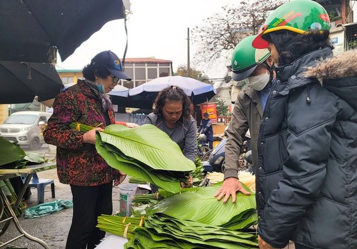Càng sát Tết Nguyên đán, càng đông người đến chợ chọn mua lá dong to, đẹp, xanh mướt để gói bánh chưng. Ảnh: Tiền phong