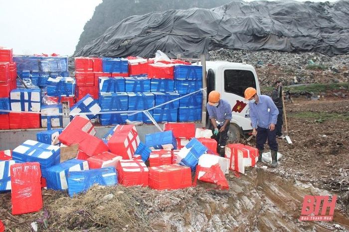 Cục Quản lý thị trường tỉnh Thanh Hóa và các lực lượng chức năng tiêu hủy cá khoai nhiễm Formaldehyde.