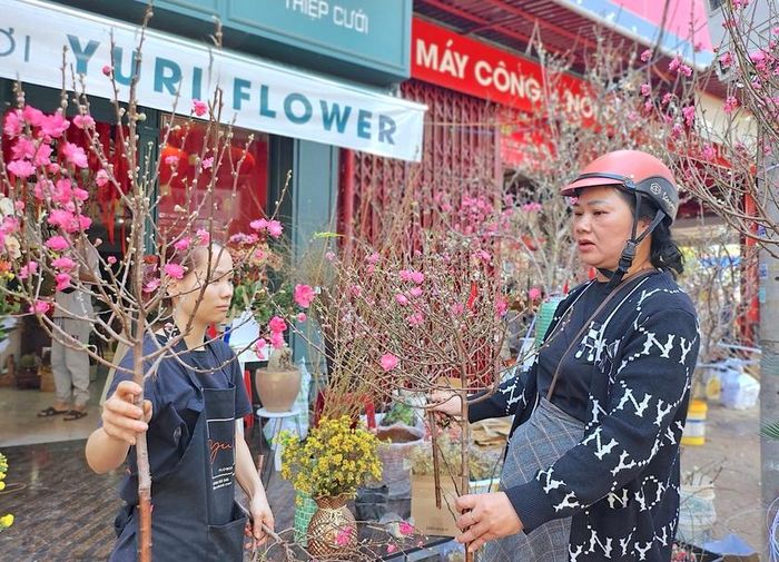 Bà Đỗ Thị Hải Lan (bìa phải; tổ 5, phường Ia Kring, TP. Pleiku) chọn mua đào mini để chưng trên bàn thờ gia tiên ngày Tết. Ảnh: Mộc Trà