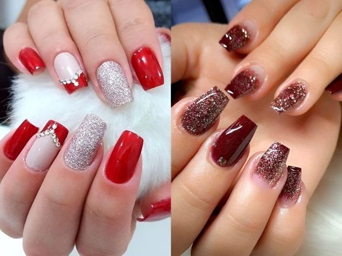 Mẫu nail đỏ kết hợp nhũ rất hợp với không khí lễ hội.