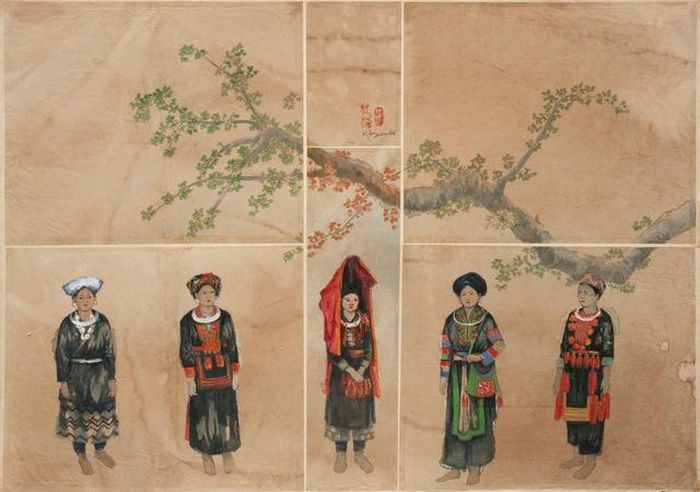 (Từ trái sang): Trang phục của người Dao tiền - Dao đại bản - cô dâu Dao đỏ - Dao tiểu bản - Dao đỏ (Cao Bằng). Tranh: Đỗ Đức