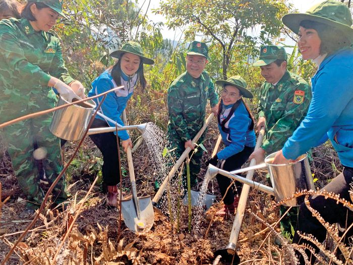 Đoàn thanh niên tham gia trồng tre biên giới. Ảnh: Duy Chiến