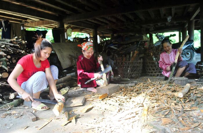 Hộ dân bản Muồng, xã Châu Kim, huyện Quế Phong bóc vỏ quế.