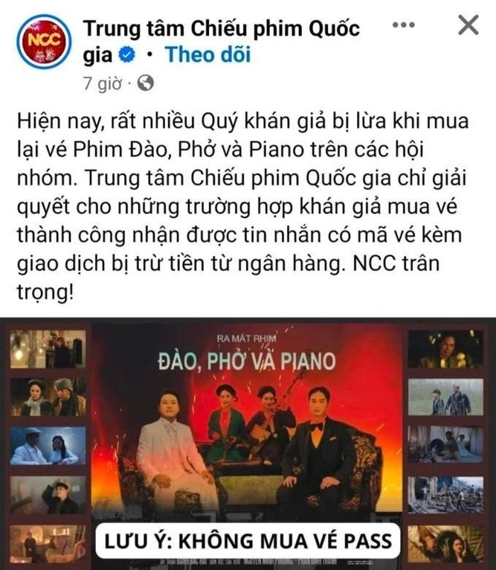 Trên trang chủ Trung tâm Chiếu phim Quốc gia khuyến cáo người dùng không nên mua vé sang nhượng.