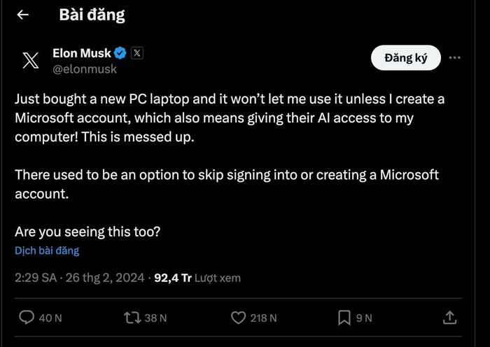 Bài đăng than phiền của Elon Musk thu về đến hơn 90 triệu lượt xem. Ảnh: Elon Musk.
