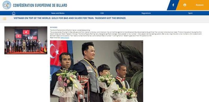 Liên đoàn billard châu Âu đưa tin Bao Phương Vinh đoạt chức vô địch