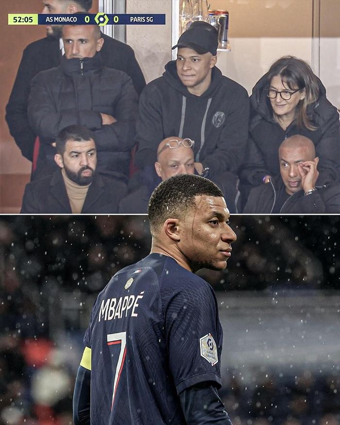 Mbappe không ngồi với đồng đội mà bỏ lên khán đài theo dõi hiệp 2 PSG 0-0 Monaco, với mẹ của mình sau khi bị Luis Enrique thay ra
