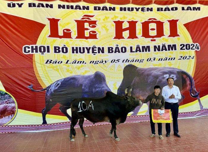 Lãnh đạo huyện Bảo Lâm trao giải nhất hạng A cho xã Mông Ân.