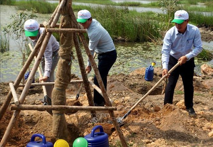 Bộ trưởng Bộ Tài nguyên và Môi trường Đặng Quốc Khánh cùng với lãnh đạo tỉnh Quảng Nam và lãnh đạo thành phố Tam Kỳ trồng cây tại hệ sinh thái sông Đầm.