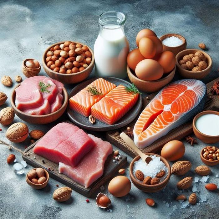 Trứng, thịt, cá hồi, sữa, các loại hạt... là những thực phẩm chứa nhiều protein.