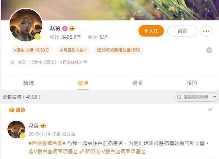 Tài khoản Weibo của Triệu Vy đã được bỏ chặn, có thể đăng bài bình thường trở lại. 